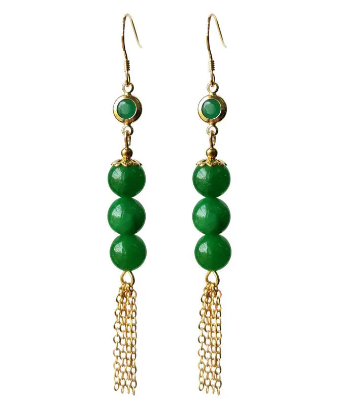 Sterling Silver Overgild 14k Gold Jade Tassel Drop Earrings