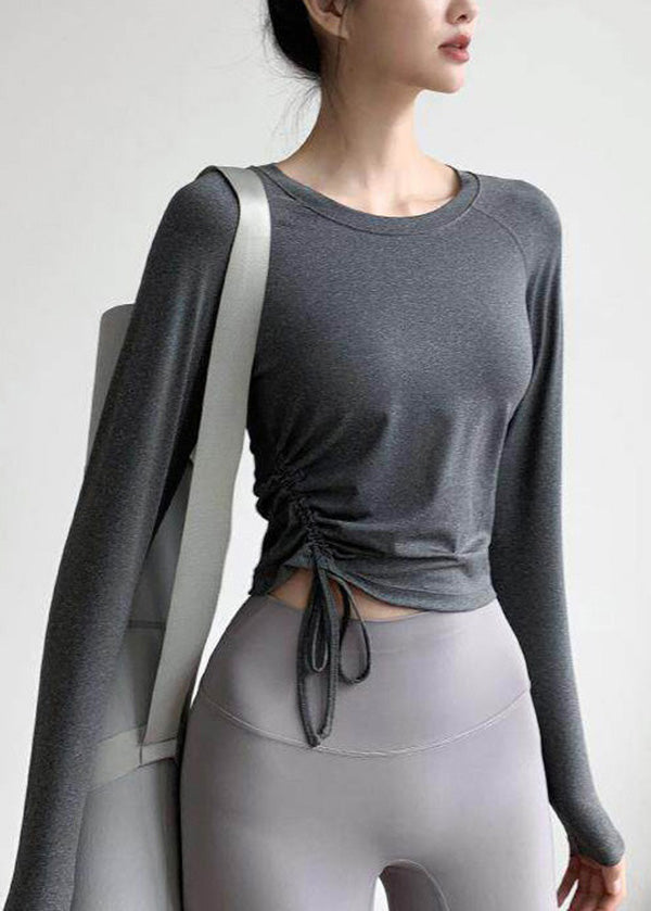 Grey O Neck Drawstring Long Sleeve Yoga Top