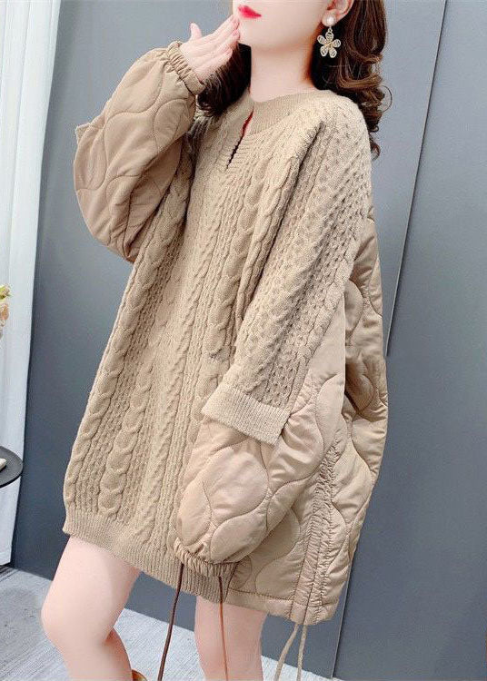 Khaki O-neck Oversized Cotton Filled Patchwork Drawstring Long Sweater Winter