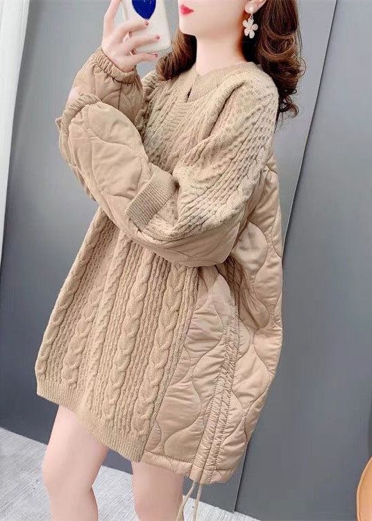 Khaki O-neck Oversized Cotton Filled Patchwork Drawstring Long Sweater Winter