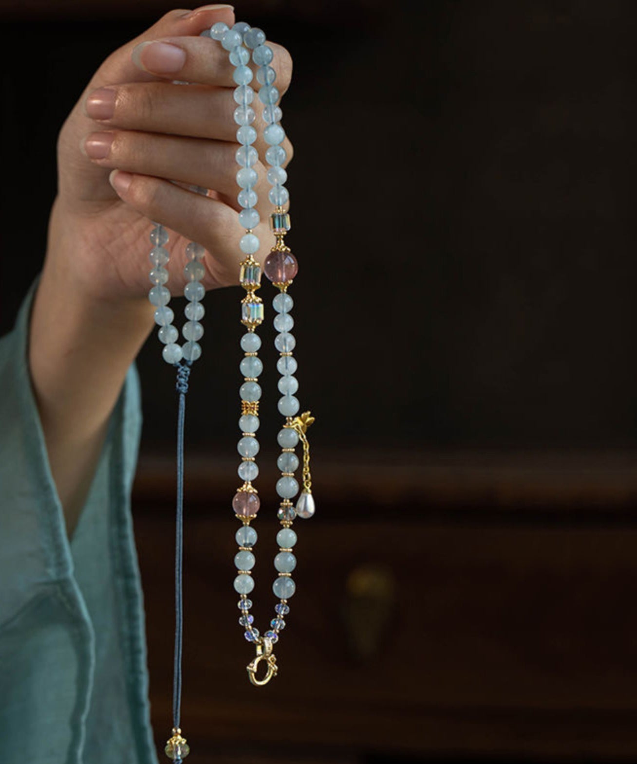 Light Blue Alloy Jade Beading Tassel Pendant Necklace