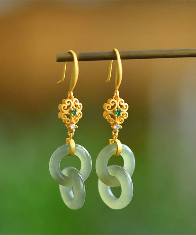 Light Green Sterling Silver Overgild Double Ring Jade Zircon Drop Earrings Gh1020