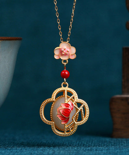 Red Ancient Gold Inlaid Jade Lotus Flower Agate Pendant Necklace
