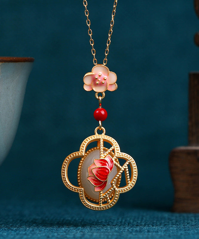 Red Ancient Gold Inlaid Jade Lotus Flower Agate Pendant Necklace Kx1074