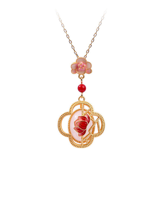 Red Ancient Gold Inlaid Jade Lotus Flower Agate Pendant Necklace