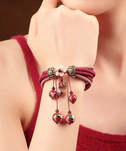 Red Hand Knitting Alloy Cloisonne Shell Flower Charm Bracelet