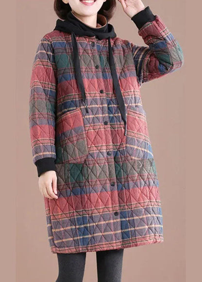 Red Hooded Plaid Drawstring Cotton Parkas Winter