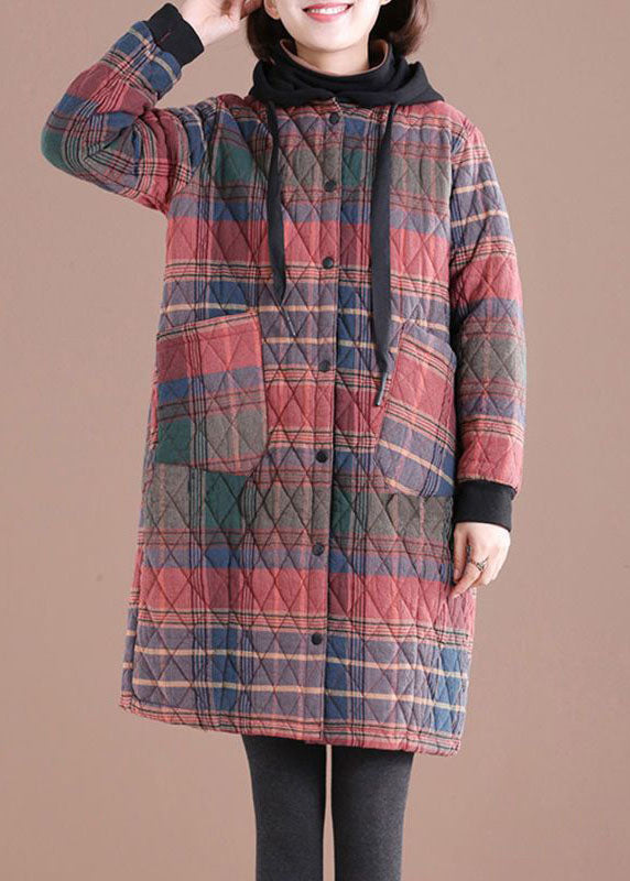 Red Hooded Plaid Drawstring Cotton Parkas Winter