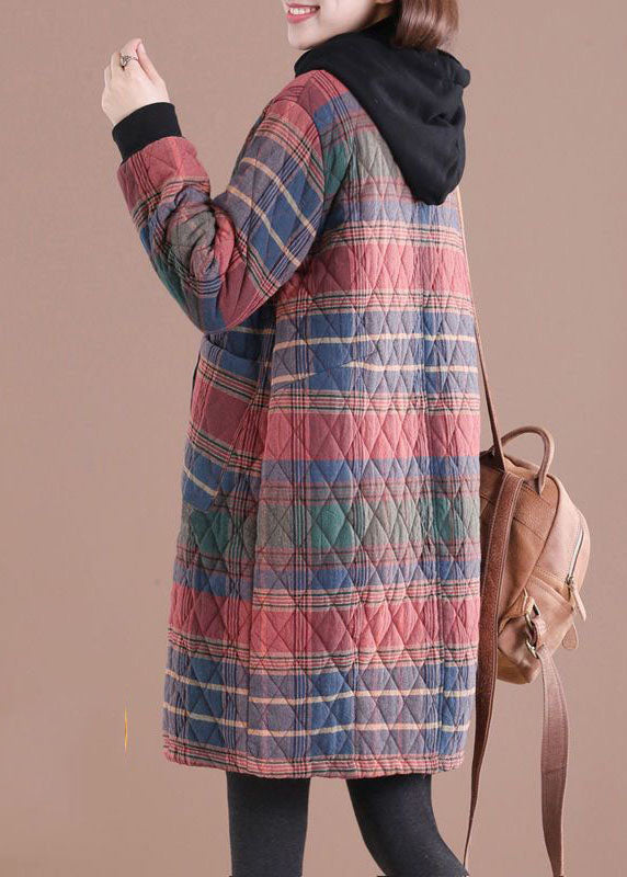 Red Hooded Plaid Drawstring Cotton Parkas Winter
