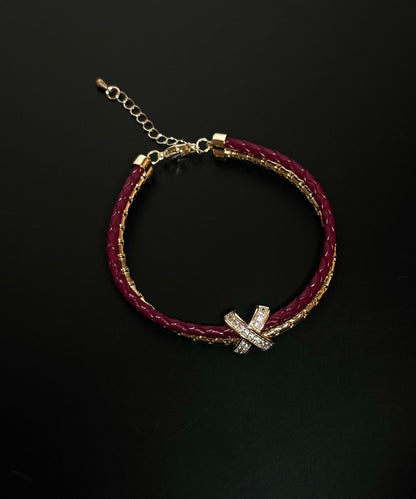 Red Leather Copper Alloy Zircon Bracelet