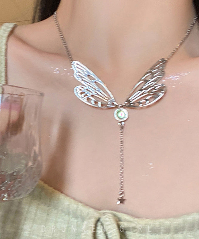 Silk Alloy Gem Stone Butterfly Wing Tassel Pendant Necklace Qq047