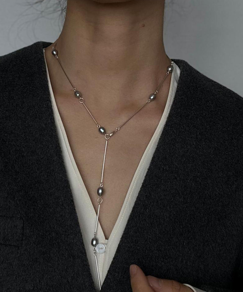 Silk Stainless Steel Pearl Lariat Necklace