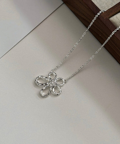 Silk Sterling Silver Zircon Sunflower Hollow Out Pendant Necklace Po007