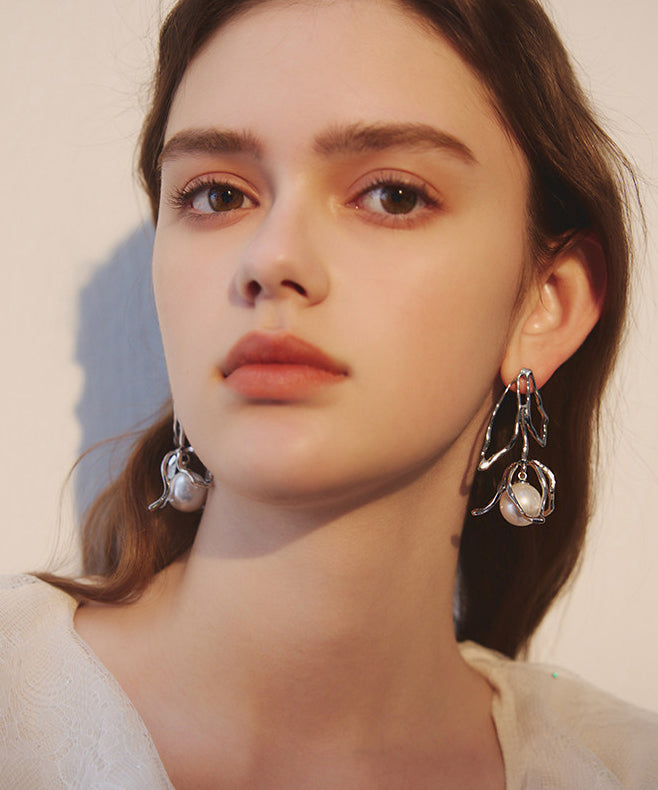Silvery Rose Stereoscopic Fine Pearl Drop Earrings