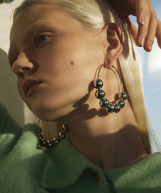 Silvery Round Beads Metal Hoop Earrings