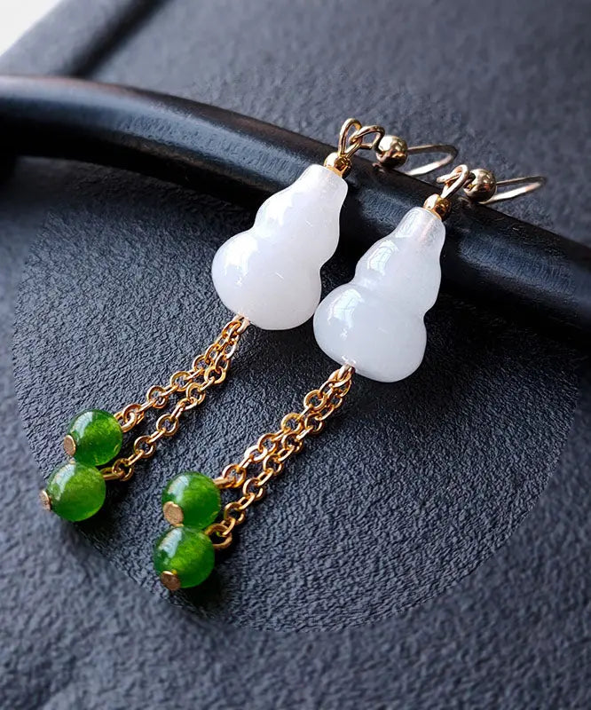 14k Gold Jade Gourd Gem Stone Tassel Drop Earrings