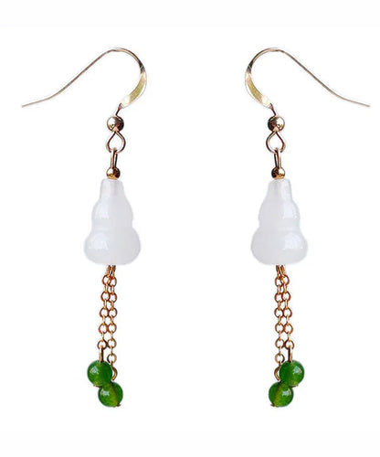14k Gold Jade Gourd Gem Stone Tassel Drop Earrings