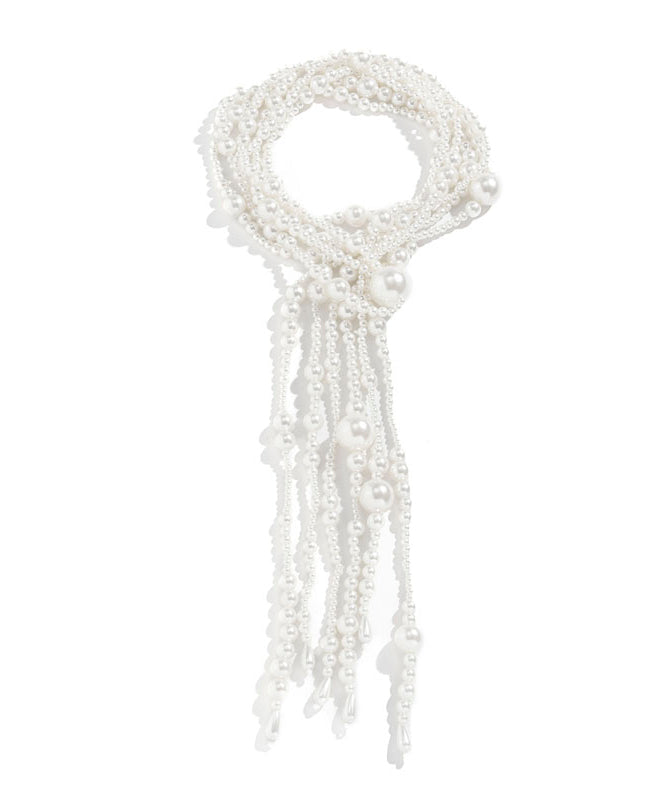 White Alloy Pearl Tassel Locket Necklace Yi007