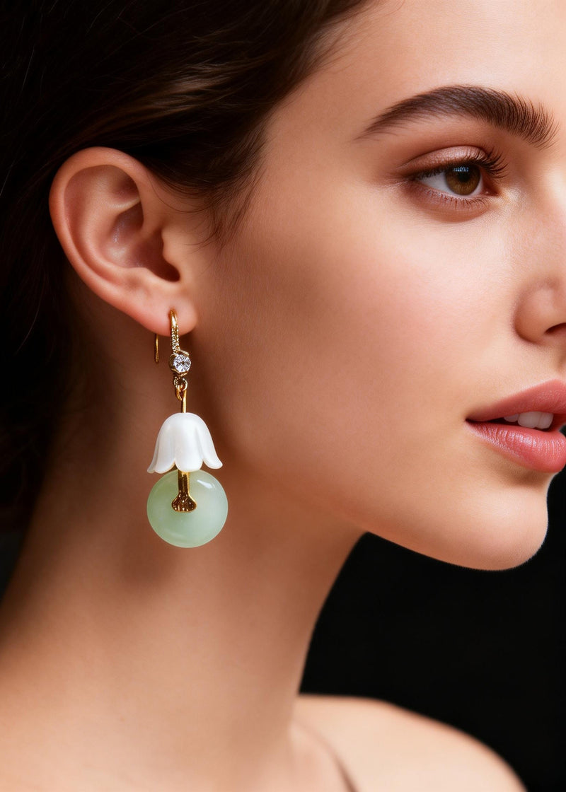 White Lily of the Valley Fine Jade Drop Earrings