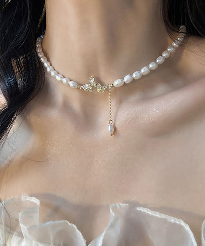 White Sterling Silver Alloy Zircon Butterfly Pearl Lariat Necklace Wf023