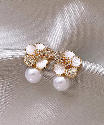 White Sterling Silver Overgild Zircon Pearl Stud Earrings Kx1040