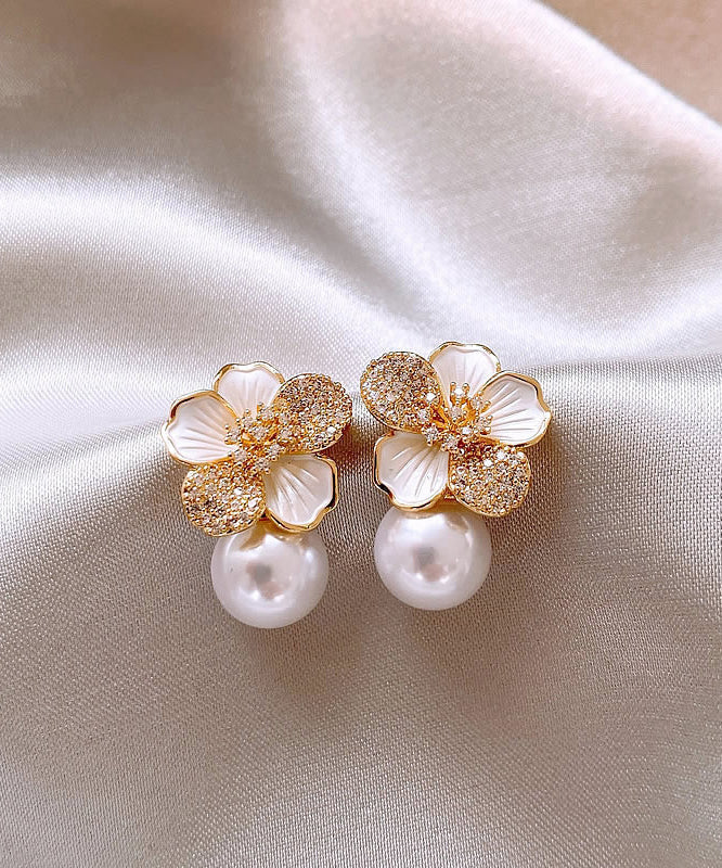 White Sterling Silver Overgild Zircon Pearl Stud Earrings Kx1040