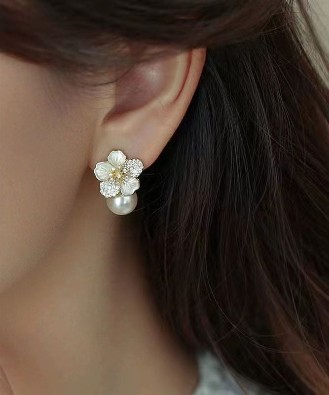 White Sterling Silver Overgild Zircon Pearl Stud Earrings Kx1040