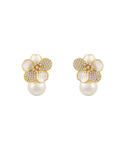 White Sterling Silver Overgild Zircon Pearl Stud Earrings Kx1040