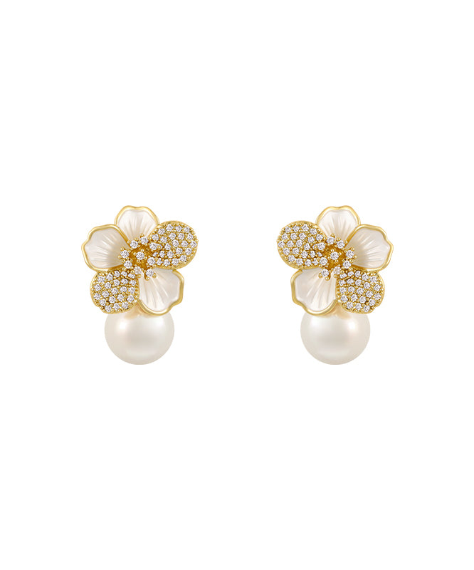 White Sterling Silver Overgild Zircon Pearl Stud Earrings Kx1040