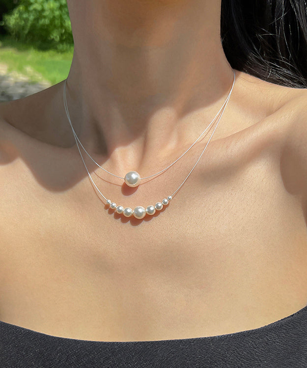 White Sterling Silver Pearl Double Layered Two Piece Set Pendant Necklace