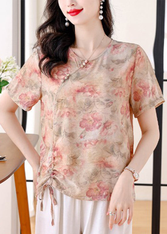 Yellow O Neck Print Drawstring Cotton Shirt Summer