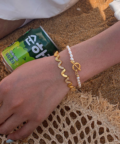Zircon Double-layer Metal and Pearl Bracelet Two Pieces Set