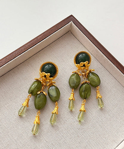 Chinese Style Green Alloy Jade Tassel Drop Earrings