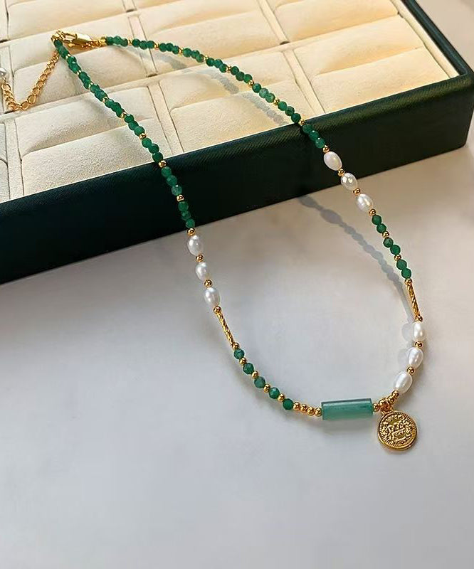 Chinese Style Green Copper Alloy Crystal Patchwork Beading Pendant Necklace