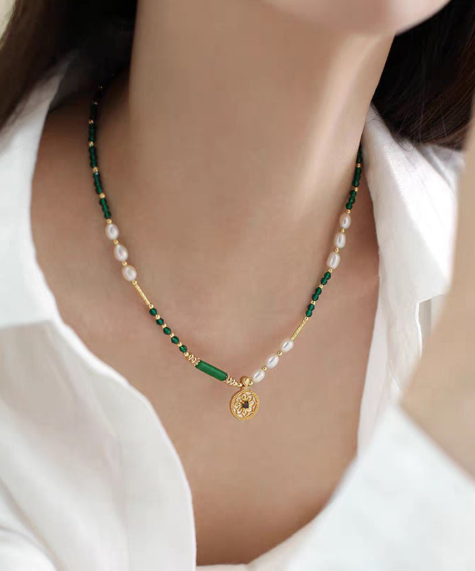 Chinese Style Green Copper Alloy Crystal Patchwork Beading Pendant Necklace