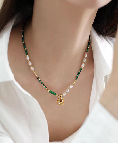 Chinese Style Green Copper Alloy Crystal Patchwork Beading Pendant Necklace