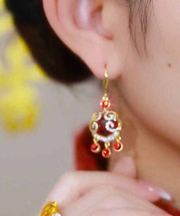 Chinese Style Red Sterling Silver Overgild Zircon Auspicious Clouds Ping Buckle Drop Earrings Kx1042