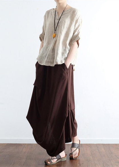 Chocolate Side Drawstring Linen Skirts Asymmetrical Oversized Cotton Skirt Outfit
