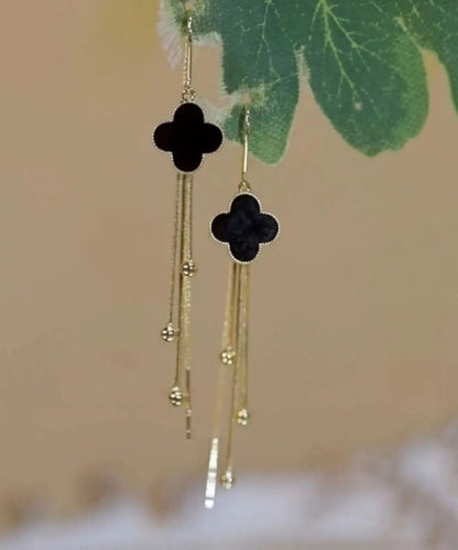 Sterling Silver Black Agate Four Leaf Grass Tassel Drop Earrings