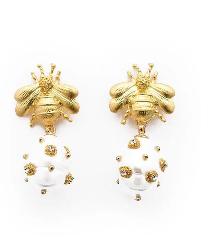 Classy Gold Copper Overgild Zircon Bee Pearl Drop Earrings