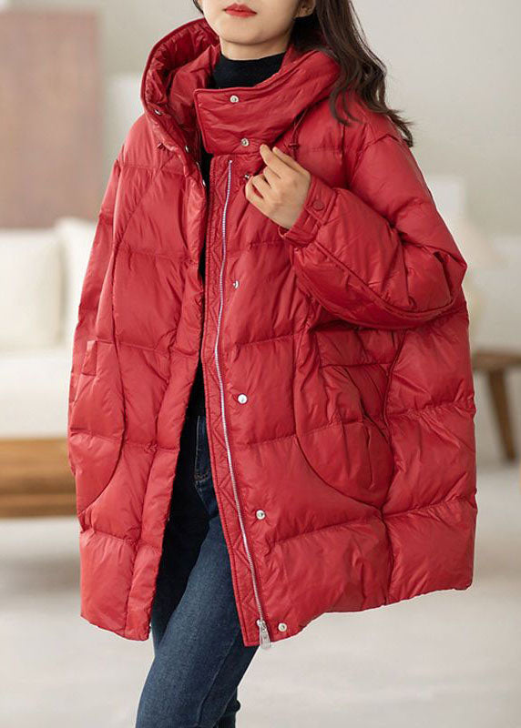 Classy Red Hooded Oversized Drawstring Cotton Blend Down Coat Winter