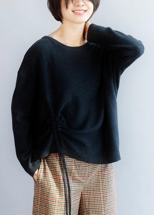 Cozy O Neck Black Sweaters Fall Drawstring Knitted Pullover
