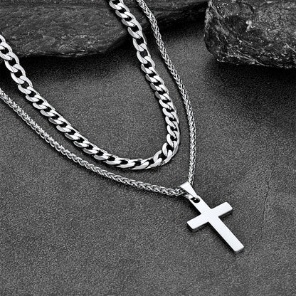Cuban Chain & Cross Pendant Layered Necklaces Set for