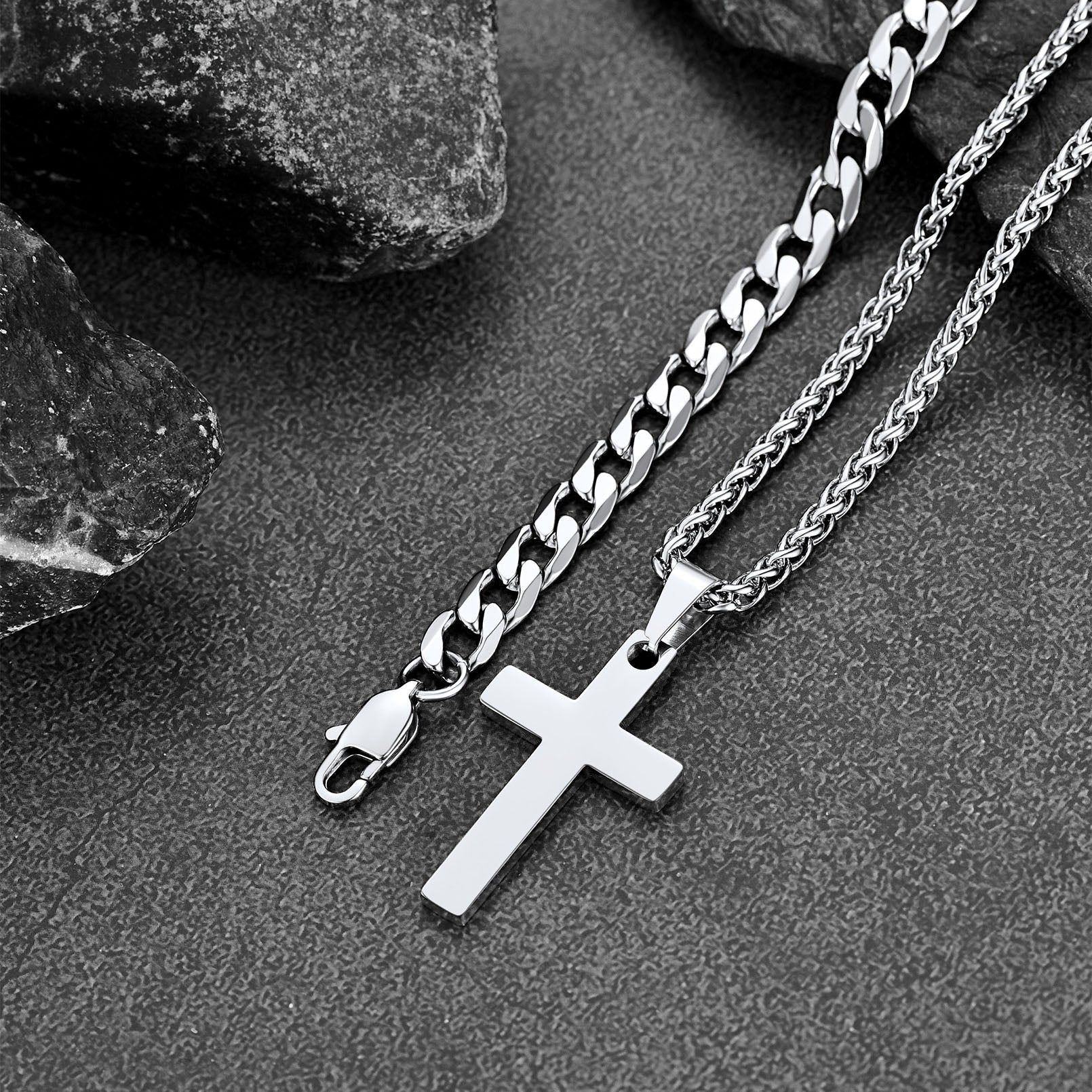 Cuban Chain & Cross Pendant Layered Necklaces Set for