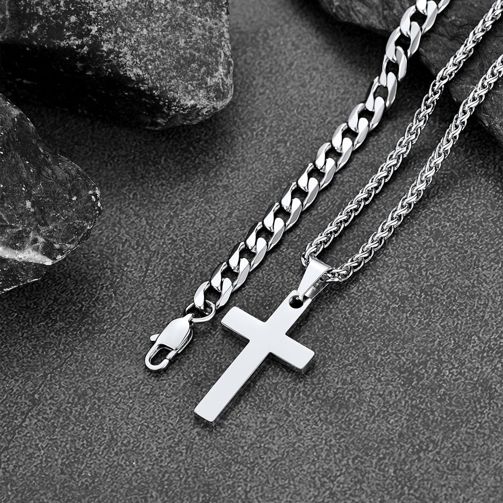 Gift for Cuban Chain & Cross Pendant Layered Necklace Set Birthday Gift