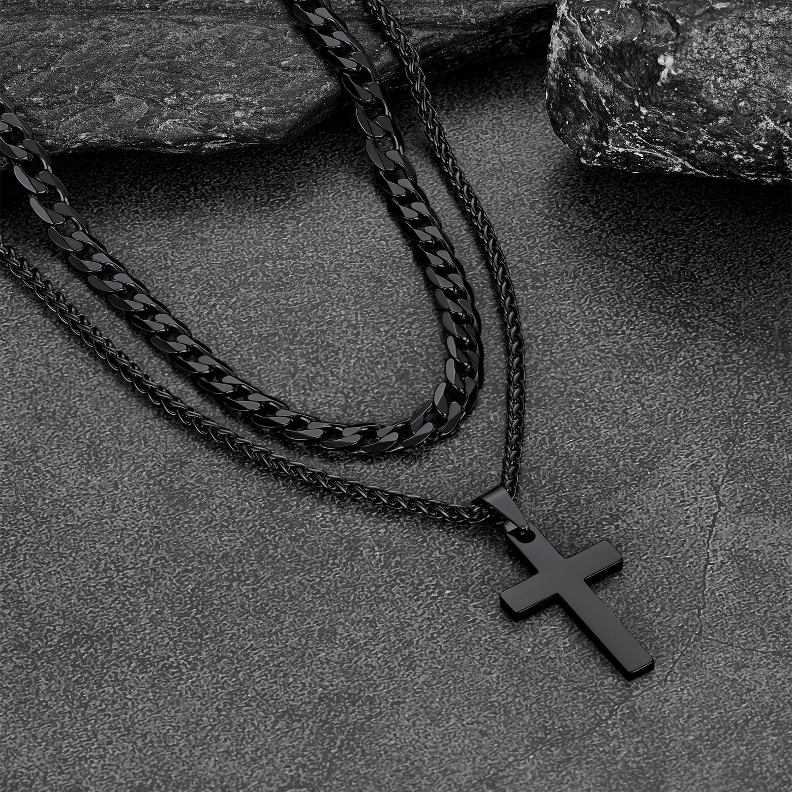 Gift for Cuban Chain & Cross Pendant Layered Necklace Set Birthday Gift