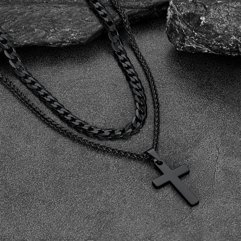 Gift for Cuban Chain & Cross Pendant Layered Necklace Set Birthday Gift