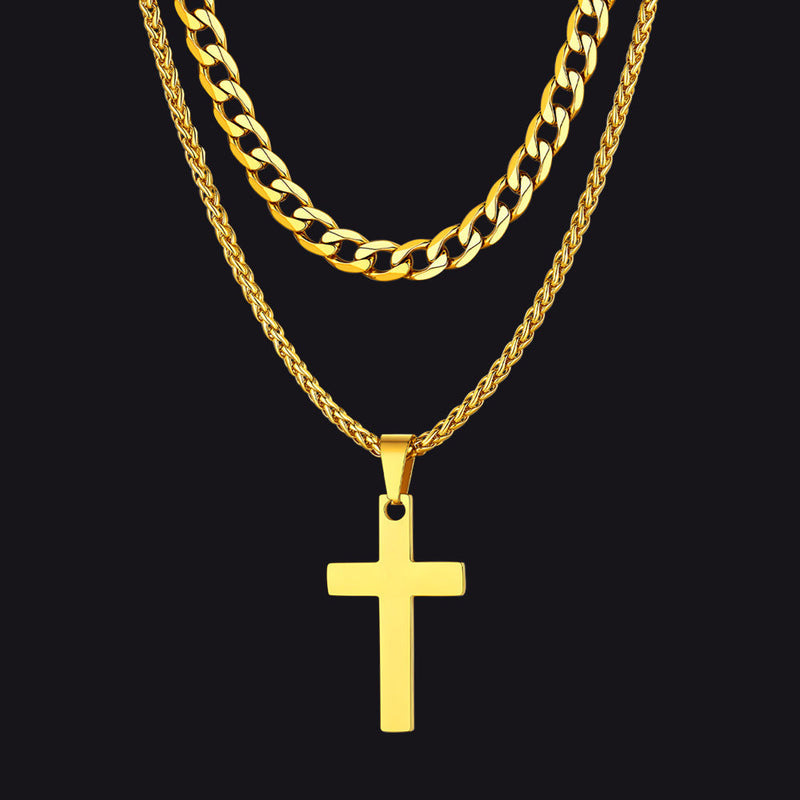 Gift for Cuban Chain & Cross Pendant Layered Necklace Set Birthday Gift