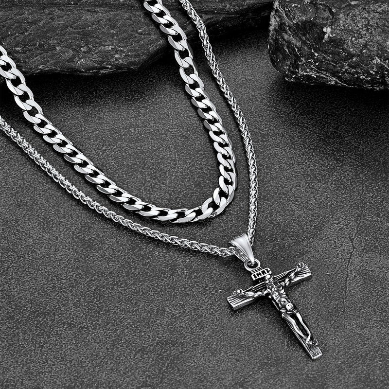 Jesus Crucifix Cross & Cuban Chain Layered Necklaces Set for