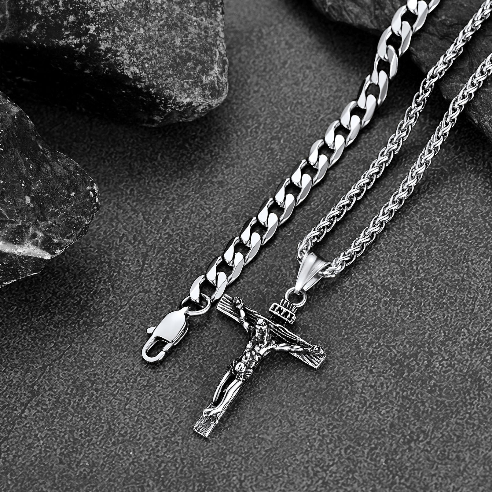 Jesus Crucifix Cross & Cuban Chain Layered Necklaces Set for